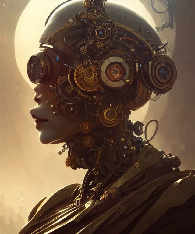 Image similar to laputa robot portrait, sci-fi steampunk, fantasy, intricate, elegant, highly detailed, digital painting, artstation, concept art, smooth, sharp focus, illustration, art by artgerm and greg rutkowski and alphonse mucha