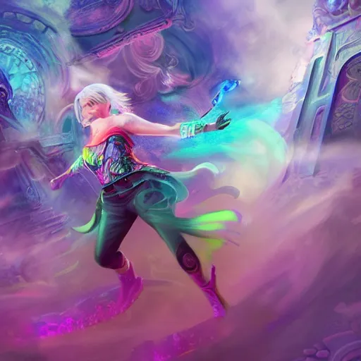 Prompt: Long Shot of psychodelic ciri in mysterious astral temple jumpin with pistol in river of chromatic SPIRITS , beautiful, dmt, trending on artstation, omnious, soft, hypermaximalistic, high details, cinematic, 8k resolution, artwork by Wong, Liam