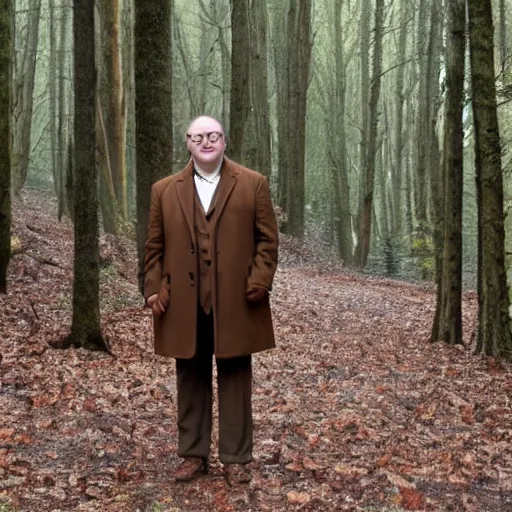 Image similar to Alex Norton wearing a brown overcoat and brown suit standing in a forest.