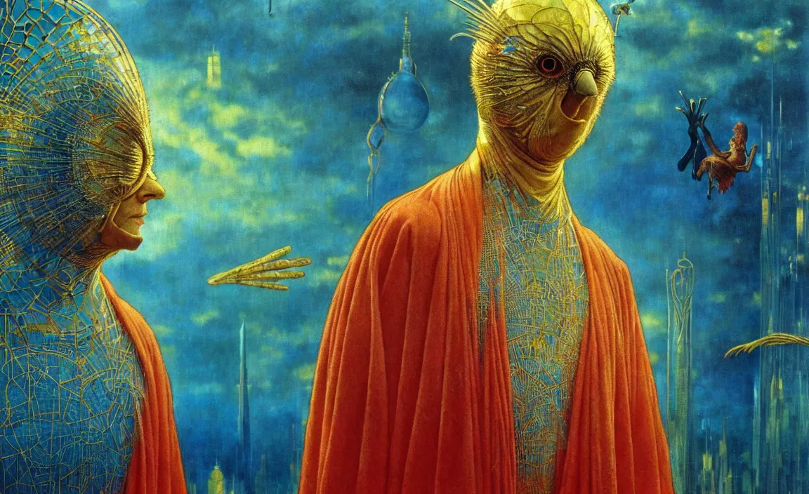 Image similar to realistic detailed portrait movie shot of a birdman wearing reflective transparent robes, sci fi city landscape background by denis villeneuve, amano, yves tanguy, alphonse mucha, ernst haeckel, max ernst, roger dean, masterpiece, rich moody colours, blue eyes