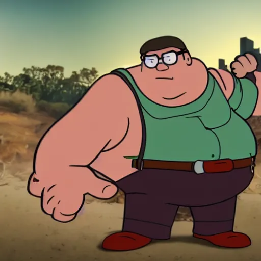 Image similar to real life Peter Griffin in a fist fight with giant chicken man, photorealistic, cinematic lighting, action movie, still frame from an action movie, highly detailed