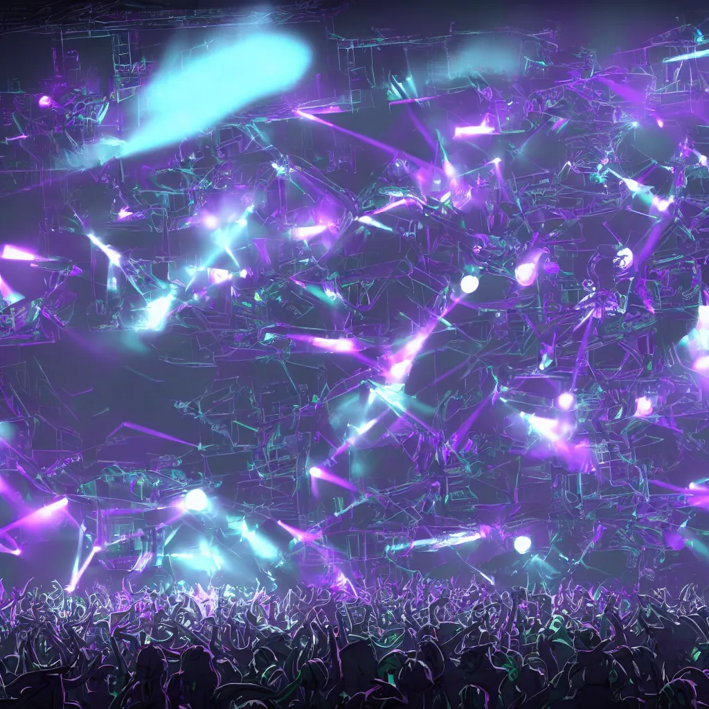 Prompt: live show of an electro band on stage with a lot of moving lights and and fantastic lighting design, concept art, unreal engine 5, highly detailed, trending on artstation