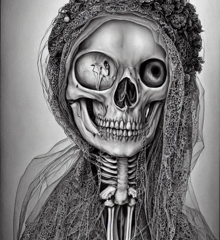 Image similar to portrait of a Bride's skeleton in veil by Laurie Lipton, high detailed, realistic,dark surrealism, hyper detailed