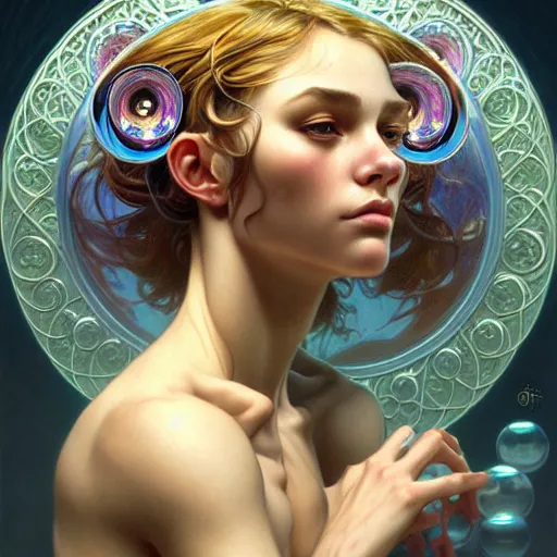 Prompt: Portrait of a girl surrounded by floating orbs, face, fantasy, intricate, elegant, highly detailed, digital painting, artstation, concept art, smooth, sharp focus, illustration, art by Gil Bruvel and Fernanda Suarez and Artem Demura and alphonse mucha