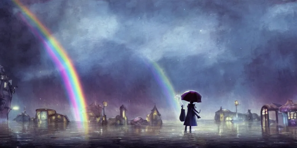 Image similar to a realistic and atmospheric cell - shaded concept art from howl's moving castle ( 2 0 0 4 ) of a rainbow colored ufo landing on the ground. a man with an umbrella is standing in a flooded parking lot. it is a misty starry night. very dull muted colors, hd, 4 k, hq