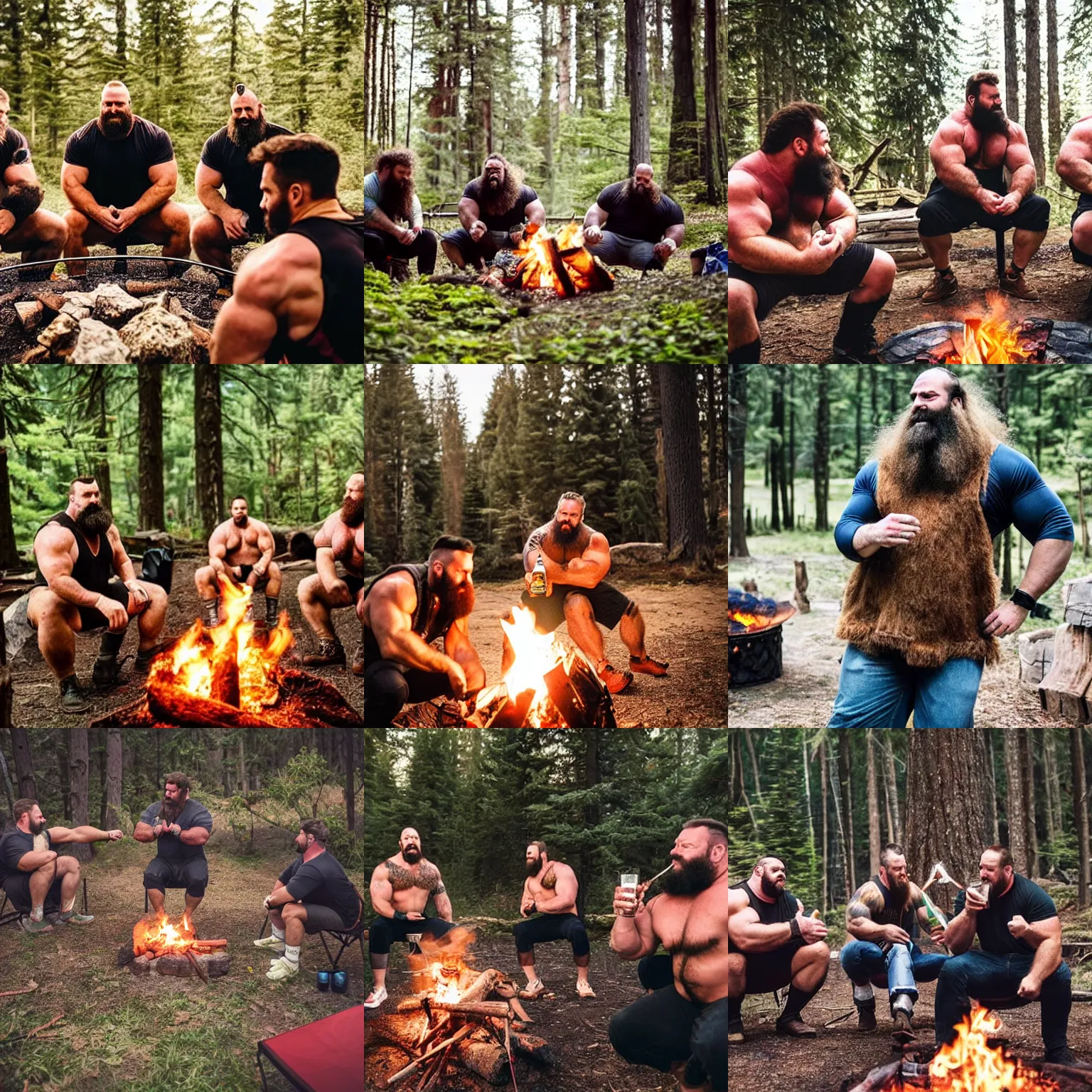 Prompt: big hairy burly manly strongmen in short drinking beers together around a campfire in the forest, photography, wholesome, dad energy, cozy