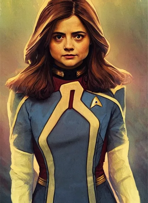 Image similar to jenna coleman as a star trek captain, a still from star trek painted by artgerm and greg rutkowski and alphonse mucha. clear highly detailed face, beautiful sci fi art