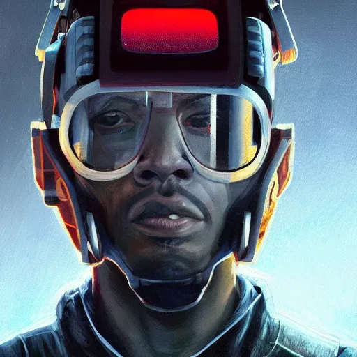 Image similar to Portrait of a man by Greg Rutkowski, symmetrical face, a marine with a helmet, using a VR Headset, Kubric Stare, crooked smile, he's wearing a modern tacitcal gear, highly detailed portrait, scifi, digital painting, artstation, book cover, cyberpunk, concept art, smooth, sharp foccus ilustration, Artstation HQ