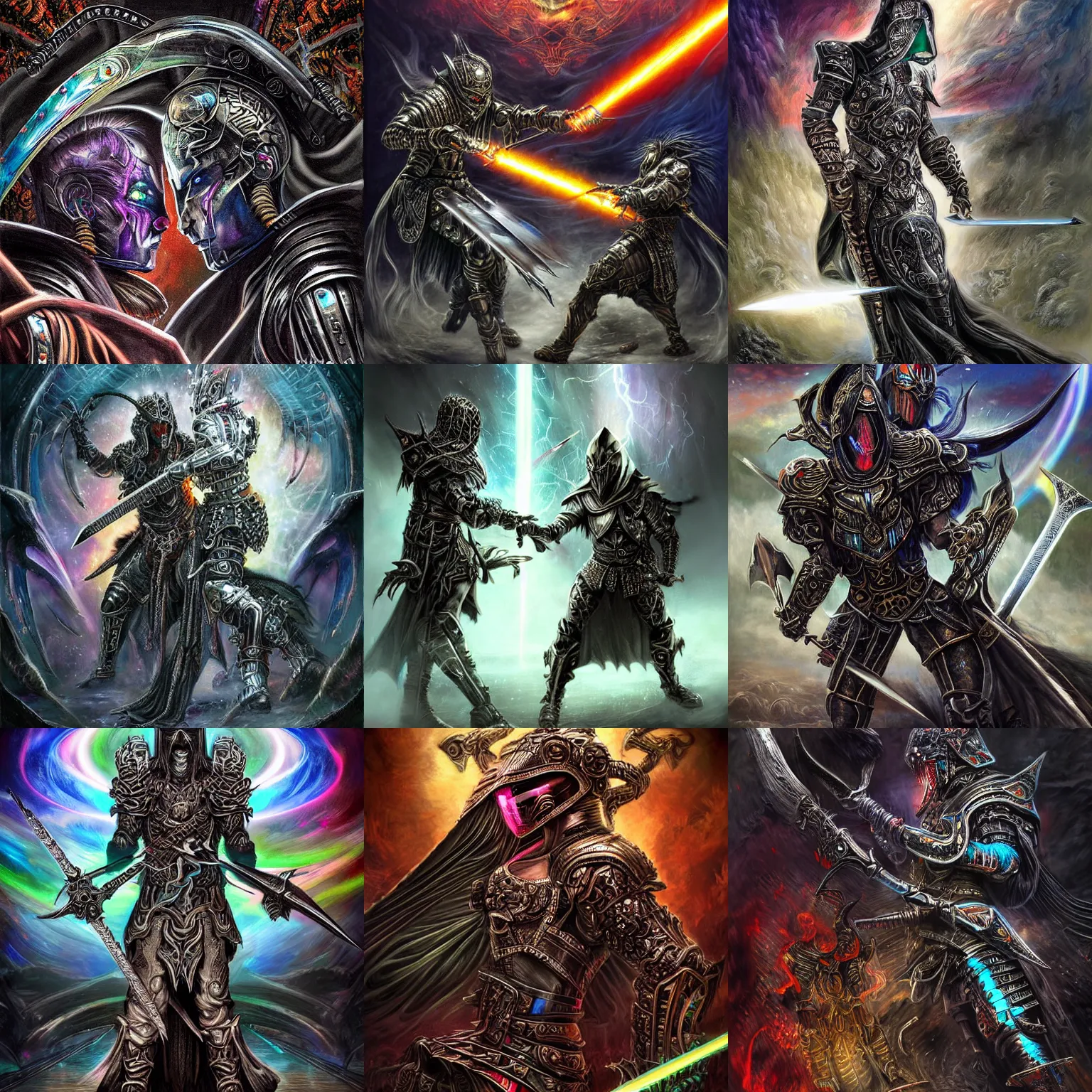 Prompt: Thunderous sword clash of two powerful opposing fighting opposite iridescent ornate cloaked hooded warrior technology gods who hate one another, dark gritty realistic highly detailed intricate artistic award winning digital oil painting, partially cybernetic dark entity gods made of future technology brandishing cosmic smoking iridescent weaponry, intricate, ornate, black armor with hints of rainbow and gothic influence, smooth oil painting, muted realistic colors, epic megastructure space scene background, super intricate, galactic, moody colors, realistic, real colors, moody, ominous, dangerous aura, microchips, crystallic, iridescent, lasers, gems, multicolored glints, precious elements, beautiful, detailed, concept art, render, unreal engine, 4K, artstation