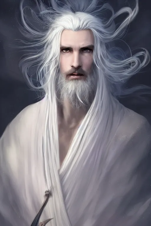 Image similar to white haired robe fu xi full male front body portrait, very long white beard and hair, long hair shawl, fine kindness delicate prefect face features gaze, piercing eye, elegant, style of tom bagshaw, cedric peyravernay, peter mohrbacher, victo nga, 4 k hd illustrative wallpaper, animation style, chinese style