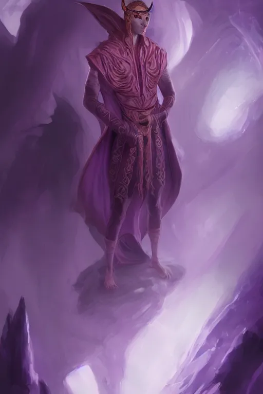 Image similar to djinn man male demon warlock, portrait, full body character, concept art, purple cloak, single face, illustration, white spiral horns, cinematic color grading, editorial photo, fashion, hyperrealism, realism, trending on artstation, Charlie Bowater, WLOP