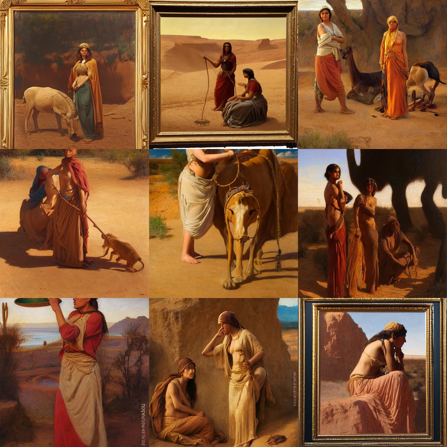 Prompt: portrait desert woman at the watering hole by Edwin Longsden Long and Theodore Ralli and Nasreddine Dinet and Adam Styka, masterful intricate artwork. Oil on canvas, excellent lighting, high detail 8k