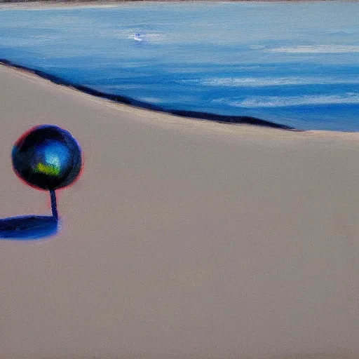 Image similar to a fauvist painting of a strange metallic object poking out from the sand, late evening light