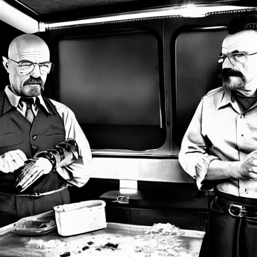 Image similar to still of walter white and stalin cooking meth, ziploc bags full of meth, interior of rv, b&w filter