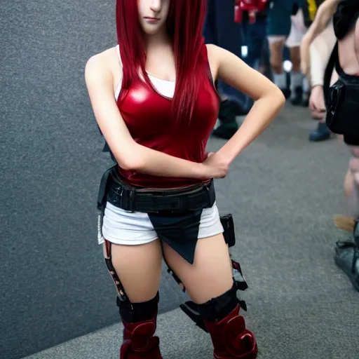 Prompt: a photo of a cosplay of Tifa from final fantasy 7 remake at ComicCon, very detailed, studio lighting, award winning, full body with legs, full legs, shot on 16mm film, shot on red 6k camera, 8k