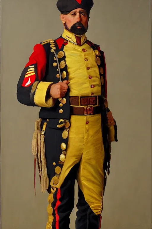 Prompt: full body portrait of the dictator of the golden state warriors, 1 8 8 9, in full military garb, oil on canvas by william sidney mount, trending on artstation