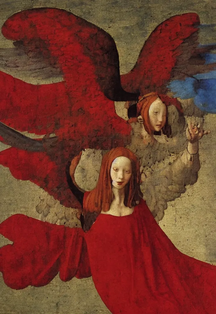 Image similar to Flying Fallen Angel with wings dressed in red, Medieval painting by Jan van Eyck, Johannes Vermeer, Florence