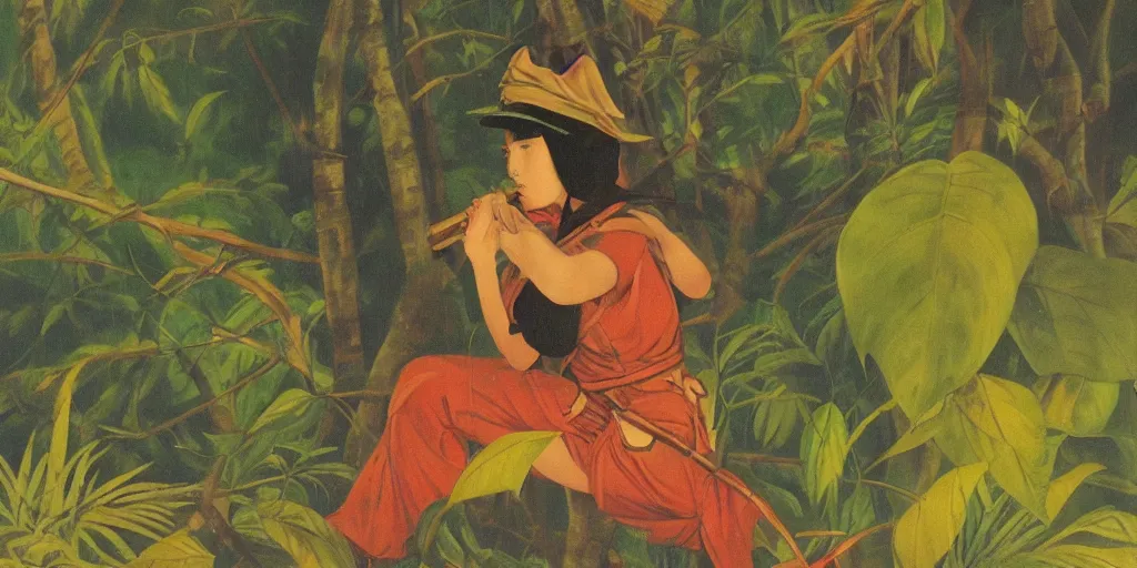 Image similar to painting of a female soldier in the rainforest at golden hour by kitano tsunetomi, 1 9 3 9