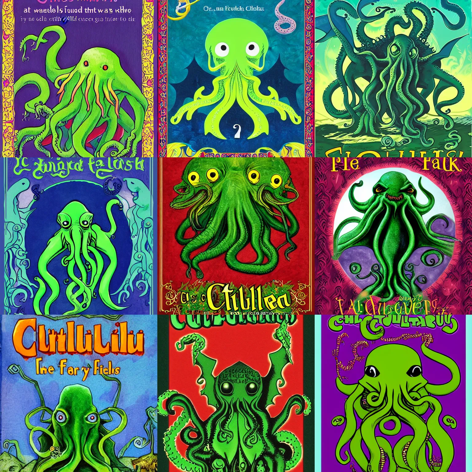Prompt: a children's fairytale book cover featuring cthulhu