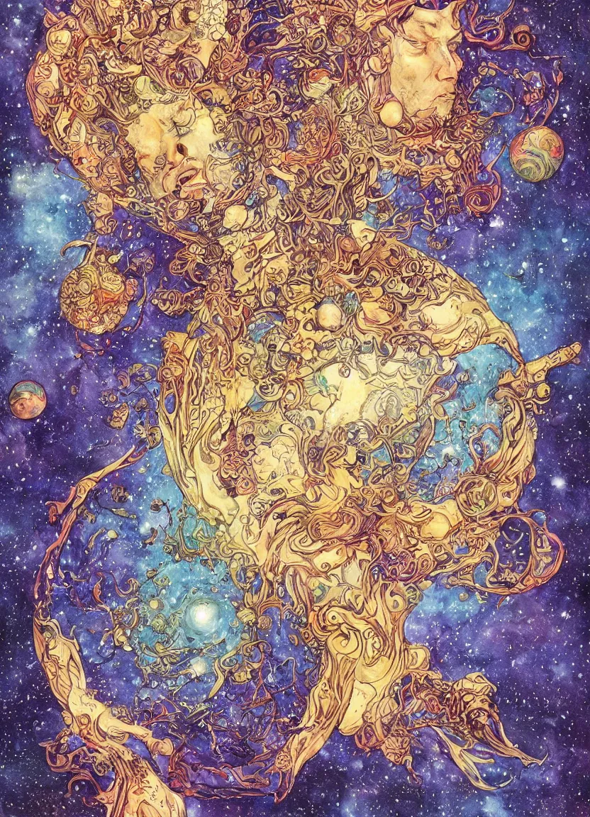 Prompt: high intricate dreamy colored ink drawing of the sandman holding a perfect round interconnected galaxy, full shot, neil gaiman, maria panfilova, andrea savchenko, mike kime, ludovic plouffe, qi sheng luo, oliver cook, julian calle, eddie mendoza, trending on artstation