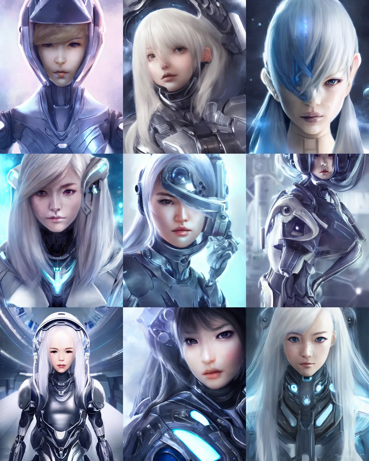 Image similar to detailed portrait of perfect android girl, warframe armor, beautiful face, scifi, futuristic, space station, laboratory, song hye - kyo, dreamy, long white hair, blue cyborg eyes, cinematic lighting, innocent, highly detailed, sharp focus, smooth, artstation, intricate, award winning, pure aura, divine, by akihiko yoshida