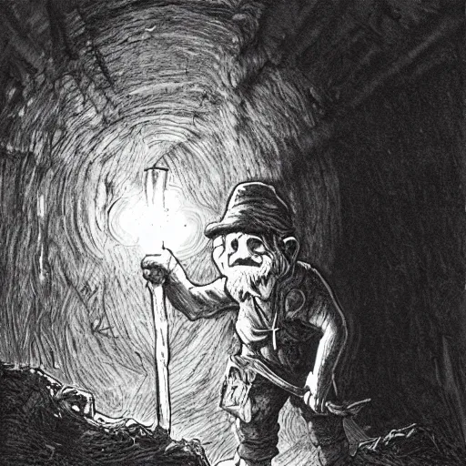 Image similar to an angry, grimy, dirty, grumpy [ old ], miner elf ( with red hat and a glowing latern ) in a pitch black mine, looks into the camera. angry kubrick stare, low key lighting, high contrast, theatrical, fairy tale illustration, character concept art by ivan bilibin, gustave dore and marc simonetti