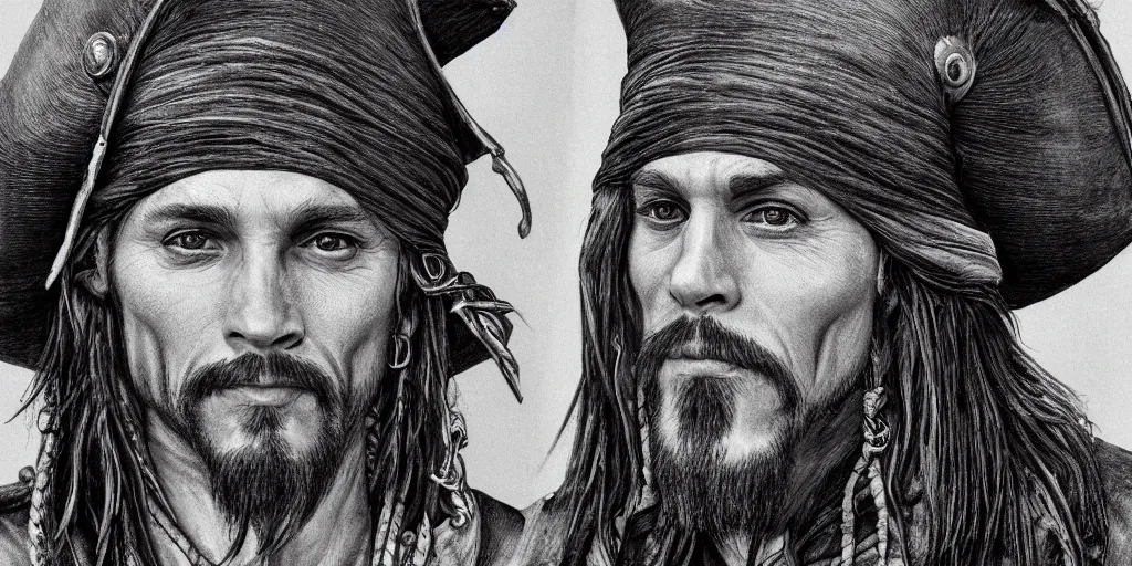 Image similar to realistic portrait of a handsome pirate, 1450, ink, ultra realistic, 8k