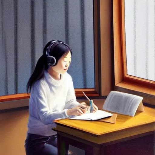 Image similar to A relaxed expressive painting of a Korean girl sat writing in a journal while wearing headphones illuminated by a desk lamp, in the background is a window overlooking a rainy city, with a cat resting on the window cill, a relaxed and dreamy atmosphere, highly detailed, 8K