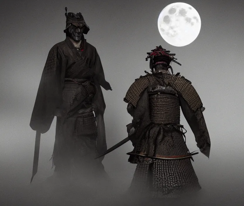 Image similar to 'a samurai! haunted by souls with a big full moon on background , gloomy and foggy atmosphere, octane render, artstation , horror scene, highly detailded'