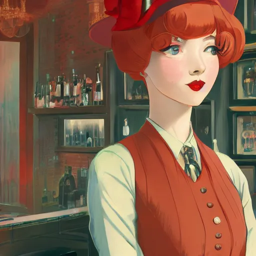 Image similar to portrait of a beautiful red headed girl dressed in 1920's fashion, speakeasy bar background, rich vivid colors, ambient lighting, dynamic lighting, 4k, HQ, official media, anime key visual, makoto shinkai, ilya kuvshinov, lois van baarle, rossdraws, detailed, trending on artstation