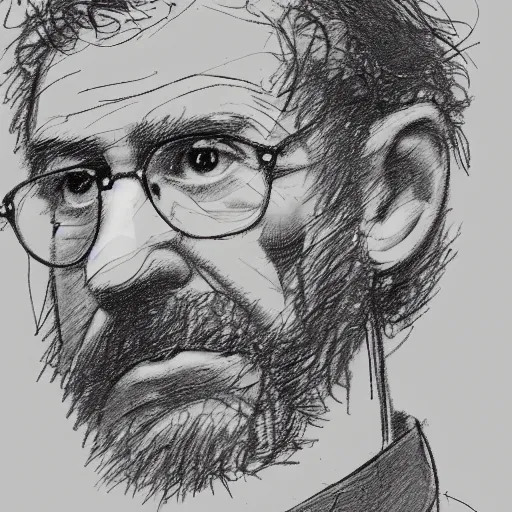 Prompt: a realistic yet scraggly portrait sketch of the side profile of a stern and sophisticated david baszucki, trending on artstation, intricate details, in the style of frank auerbach, in the style of sergio aragones, in the style of martin ansin, in the style of david aja, in the style of mattias adolfsson