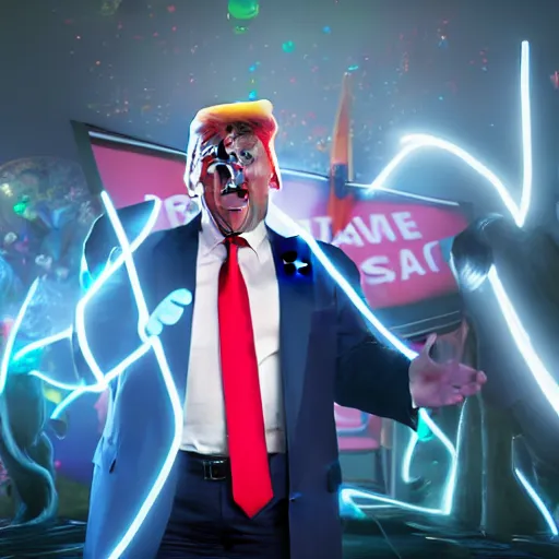 Image similar to Donald Trump flossing fornite dance, fullbody, ultra high detailed, glowing lights, oil painting, unreal 5, DAZ, hyperrealistic, octane render, RPG portrait, dynamic lighting, fantasy art