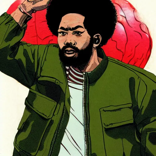 Image similar to illustration by katsuhiro otomo, black man with afro hair, raspy beard stubble, wearing an adidas army green jacket, in the streets of tokyo, akira style, by katsuhiro otomo