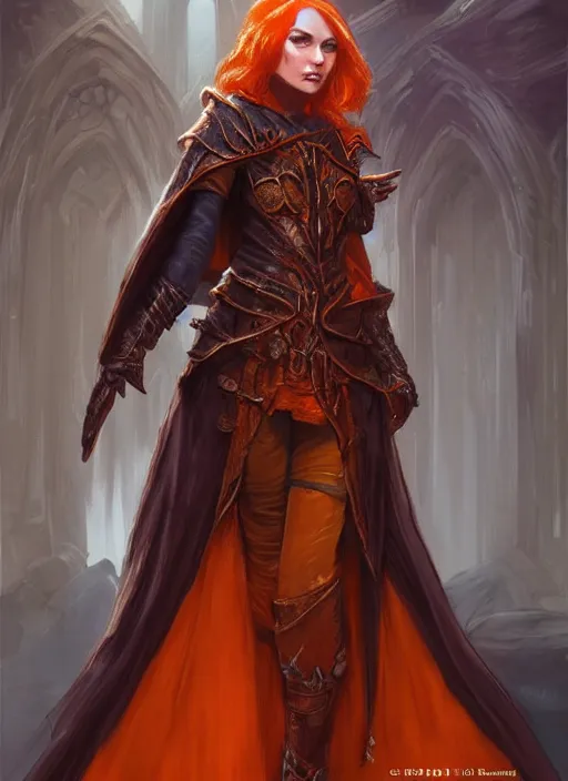 Image similar to dark orange cloak female priest, ultra detailed fantasy, dndbeyond, bright, colourful, realistic, dnd character portrait, full body, pathfinder, pinterest, art by ralph horsley, dnd, rpg, lotr game design fanart by concept art, behance hd, artstation, deviantart, hdr render in unreal engine 5