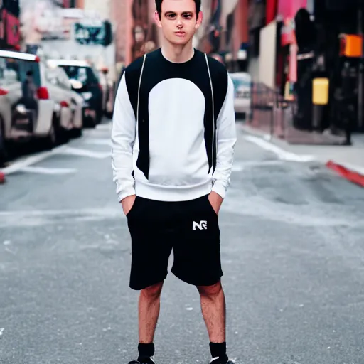 Prompt: Jimmy Neutron wearing a white sweatshirt and black shorts and white sneakers standing on the side of a street in new york city, 8k, professional,