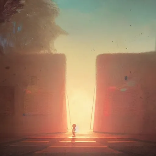 Prompt: digital painting of child playing with a huge humanoid robot in a park, sunset, a dark dystopian city behind a huge wall, stunning, cinematic lighting, concept art by greg rutkowski and simon stalenhag, artstation