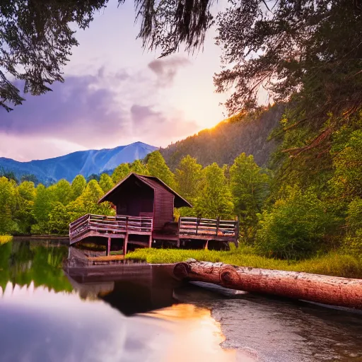 Image similar to DSLR still of a beautiful mountainside river with a pier and a log cabin at sunrise, 4k