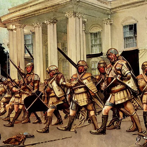 Prompt: an army of roman soldiers raids the White House, painting, stylized, by Norman Rockwell