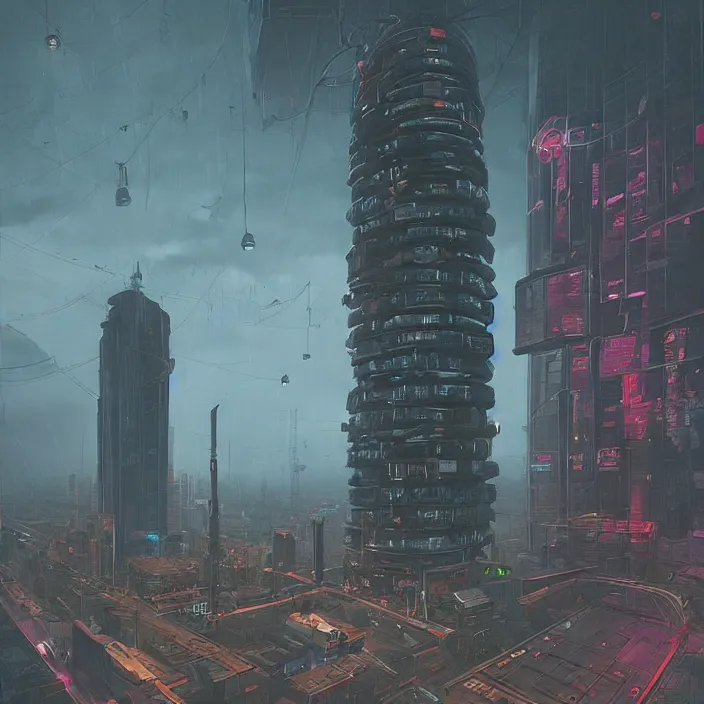 Image similar to Evil cyberpunk tower, reaching the clouds, with a cyberpunk street view below, art by Simon Stalenhag