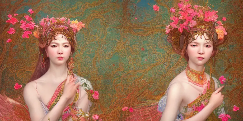 Image similar to breathtaking detailed concept art painting of the goddess of flamingo, orthodox saint, with anxious, piercing eyes, ornate background, amalgamation of leaves and flowers, by Hsiao-Ron Cheng and John James Audubon, extremely moody lighting, 8K