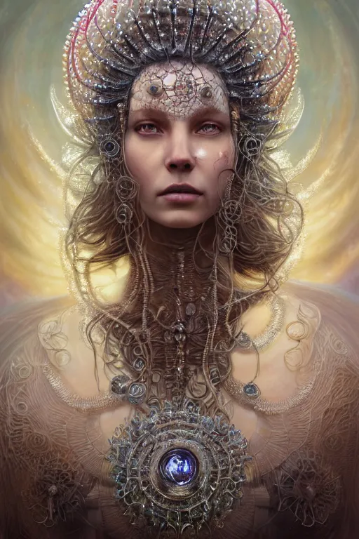 Image similar to a centered render of an alluring post apocalyptic goddess with wearing ornate silver and gemstones and crystal clothing surrounded by flowing liquid gallium jellyfish and sacred geometry, perfect body and face, gorgeous, cinematic, beautifully lit, by tomasz alen kopera and peter mohrbacher and craig mullins, rich colour, 3 d, trending on artstation, octane render, 8 k