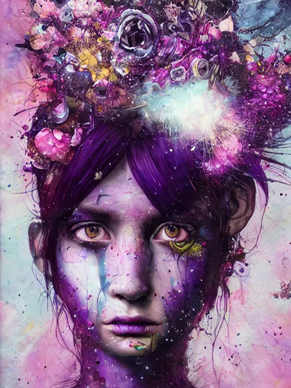 Image similar to art portrait of space decaying girl with purple eyes, with flower exploding out of head,8k,by tristan eaton,Stanley Artgermm,Tom Bagshaw,Greg Rutkowski,Carne Griffiths,trending on DeviantArt,face enhance,hyper detailed,minimalist,cybernetic, android, blade runner,full of colour