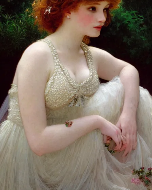 Image similar to young 1 8 - year old christina hendricks wearing an iridescent wedding dress covered in pearls, highly detailed, intricate, by bouguereau, alphonse mucha, and donato giancola