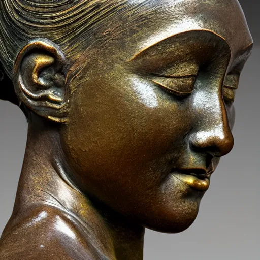 Image similar to detailed photo of an old bronze patina statue of a woman head and shoulder portrait, intricate detail, museum diffuse lighting