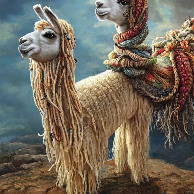 Image similar to llama with dreadlocks, by mandy jurgens, ernst haeckel, ron embleton, james jean