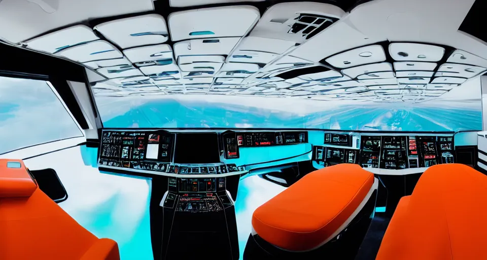 Prompt: Film still of the bridge of a space ship, large viewscreens, control panels, white plastic, black interface, wood effect, Rolls Royce interior, soft orange and cyan highlights, neutral light, soft edges, calm feeling, Cinestill colour cinematography, anamorphic