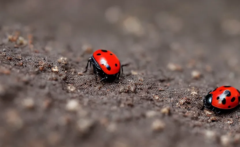 Image similar to a tiny world made of mud, there is a beautiful ladybug with 6 legs ready to fly away, wings opened up, ambient light, beautiful photography