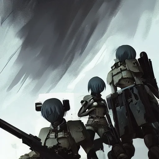 Image similar to NOD infantry troops in C&C Kane's Wrath, Ilya Kuvshinov, by Greg Tocchini, nier:automata, set in half-life 2, beautiful with eerie vibes, very inspirational, very stylish, with gradients, surrealistic, postapocalyptic vibes, depth of filed, mist, rich cinematic atmosphere, perfect digital art, mystical journey in strange world, bastion game, arthouse