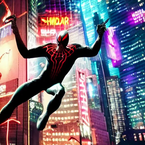 Prompt: Symbiote-Suit wearing Spider-Man looking determined and web-swinging through Cyberpunk New York City at night in the rain lit up by neon signs, hyperrealistic, 4k
