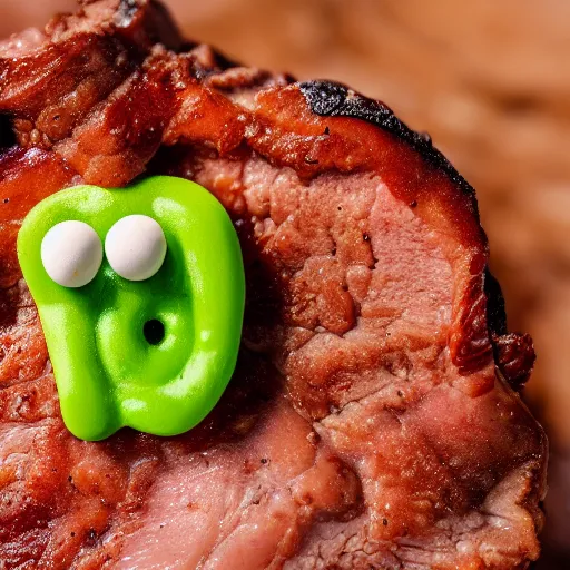 Image similar to pork chop made out of clay from the tv show gumby. macro photo. highly realistic. 4 k